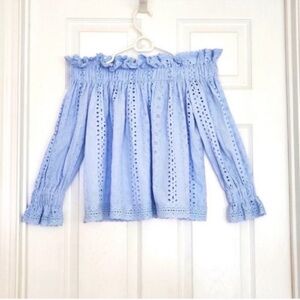 Revolve Endless Rose Light Blue Off Shoulder Ruched Long Sleeve Blouse S